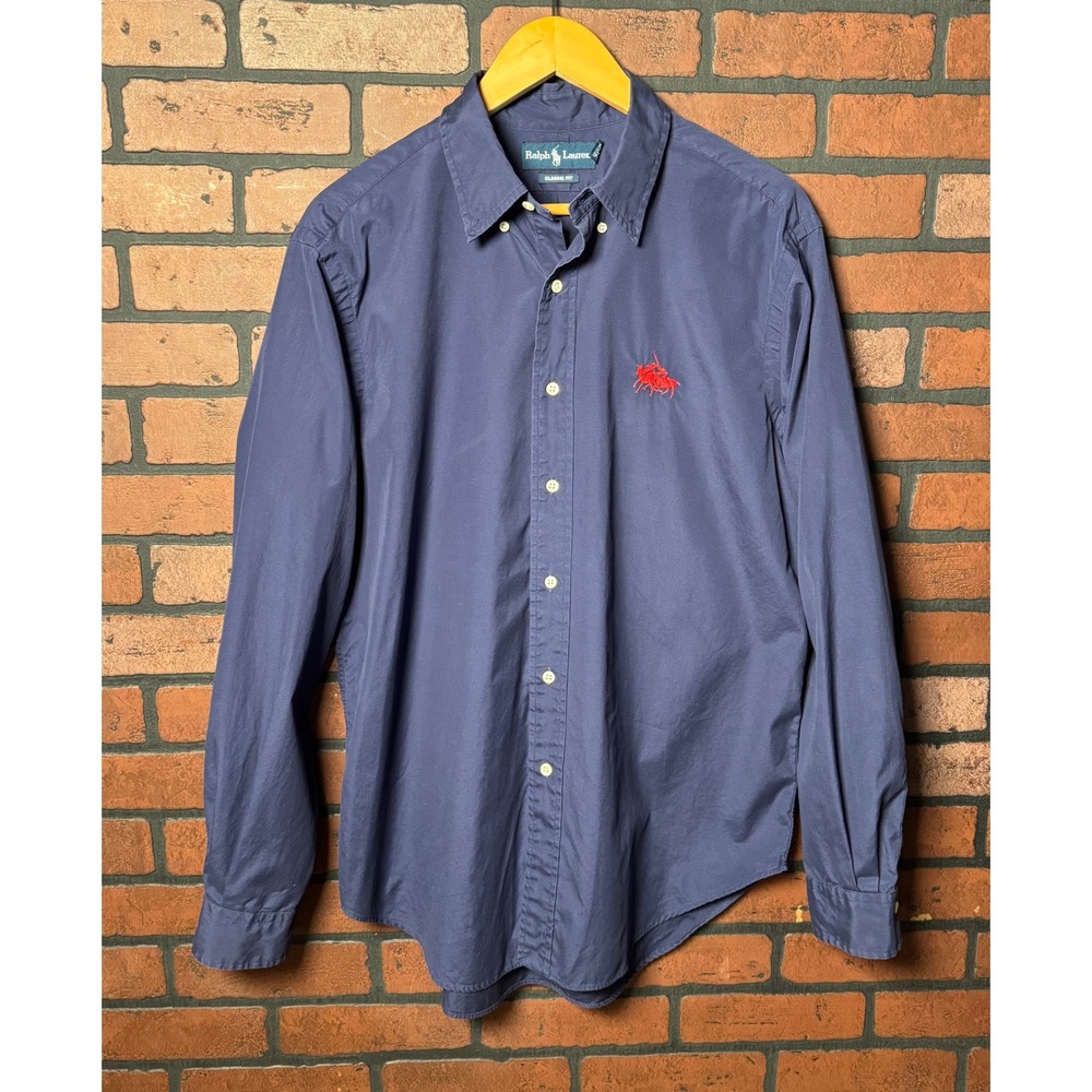 Polo Ralph Lauren Classic Fit Button Up Shirt Navy Blue Double Pony Men's L VTG